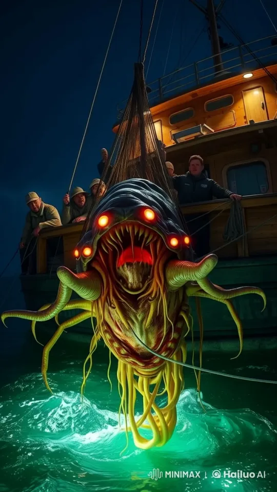 Night-time Sea Creature Capture on Live2D Ship Deck – AI Generated Video | Hailuo AI