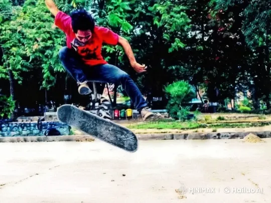 Skateboarder Performs Kungfu Kick in Live2D Park Scene – AI Generated Video | Hailuo AI