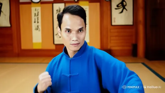 Martial Artist Demonstrates Graceful Kung Fu Moves in Dojo – AI Generated Video | Hailuo AI