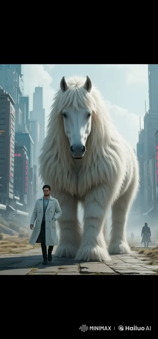 Futuristic Cityscape: Man Walks with Majestic White Horse – AI Generated Video | Hailuo AI