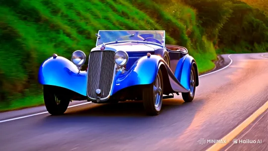 Vintage Car Glides Through Lush Landscape in Golden Light – AI Generated Video | Hailuo AI