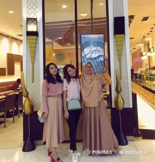 Three Individuals Pose at Restaurant Entrance – AI Generated Video | Hailuo AI