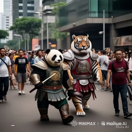 Panda and Tiger in Medieval Armor Stroll Through City – AI Generated Video | Hailuo AI