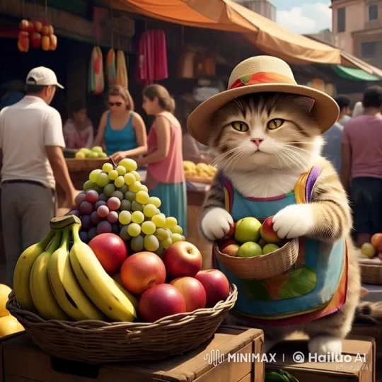 Orin Cat Cheerfully Sells Fruit in Animated Market Scene – AI Generated Video | Hailuo AI