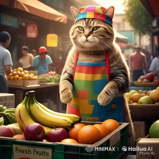 Orin Cat Vendor Sells Fresh Fruits in Whimsical Market – AI Generated Video | Hailuo AI