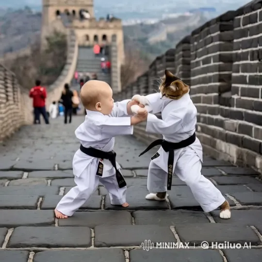 Baby and Cat Train Karate on Great Wall – AI Generated Video | Hailuo AI