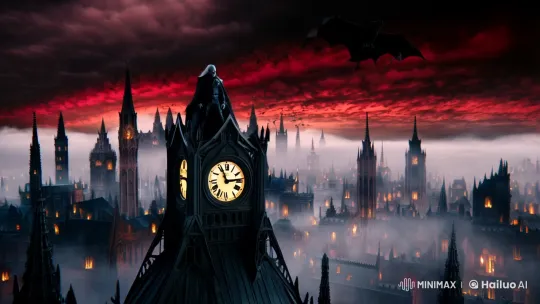Gothic Cityscape with Overlord Amidst Stormy Red Sky – AI Generated Video | Hailuo AI