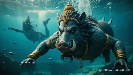 Mythical Boar Deity Glides Gracefully Underwater – AI Generated Video | Hailuo AI