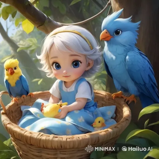 Baby in Basket Receives Mango from Blue Parrot in Forest – AI Generated Video | Hailuo AI