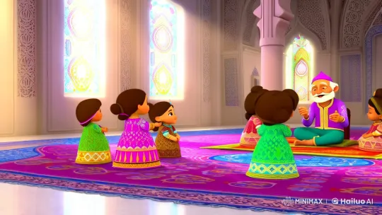 Islamic Cartoon: Vibrant Mosque Storytelling Scene – AI Generated Video | Hailuo AI