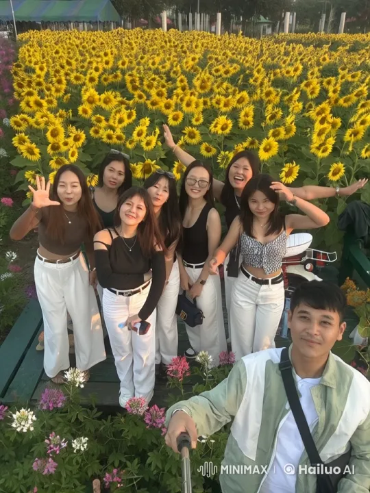 Young Friends Celebrate with Sunflower Selfie – AI Generated Video | Hailuo AI