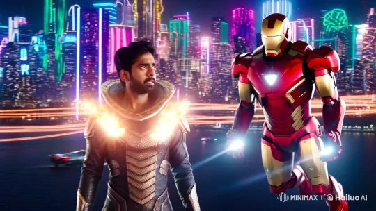 Futuristic Cityscape: Nagraj vs. Iron Man Epic Showdown – AI Generated Video | Hailuo AI