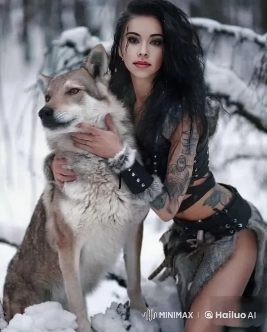 Woman and Wolf Bond in Snowy Forest – AI Generated Video | Hailuo AI