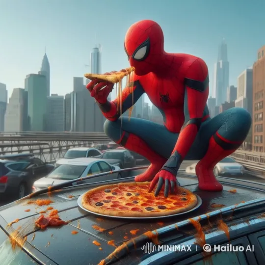 Spider-Man Enjoying Pizza in a Dynamic Cityscape – AI Generated Video | Hailuo AI