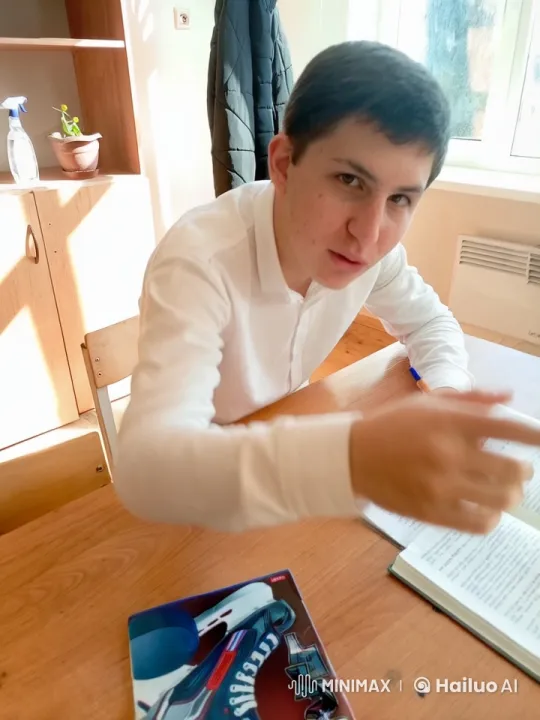 Young Man Discussing at a Desk with Animated Gestures – AI Generated Video | Hailuo AI