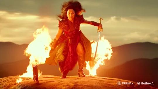 Majestic Woman Commands Resistance with Flaming Sword – AI Generated Video | Hailuo AI