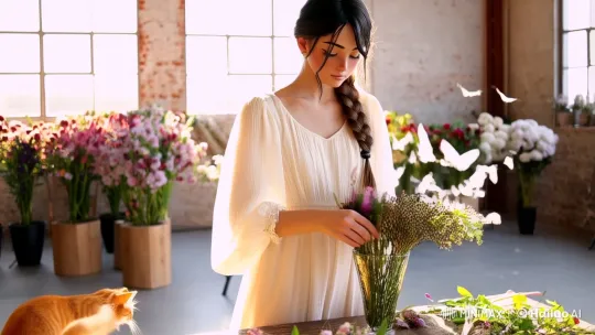Young Woman Arranging Flowers in Serene Studio – AI Generated Video | Hailuo AI