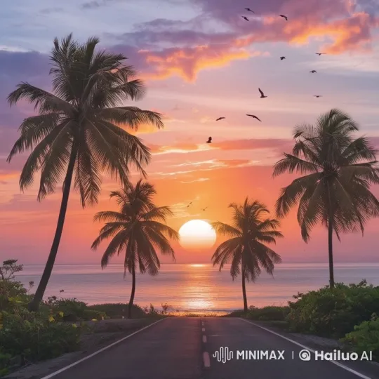 Tranquil Beach Sunset with Birds and Swaying Palms – AI Generated Video | Hailuo AI