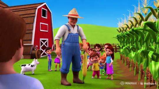 Farmer and Children Enjoying a Pastoral Farm Scene – AI Generated Video | Hailuo AI