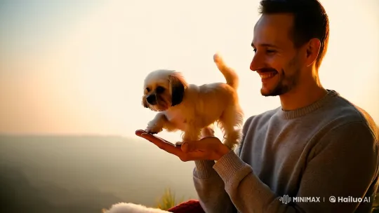Fluffy Dog Frolics Joyfully on Man's Hand – AI Generated Video | Hailuo AI