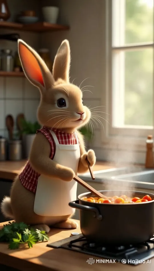 Anthropomorphic Bunny Cooks in a Cozy Kitchen – AI Generated Video | Hailuo AI