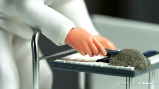 Miniature Worker Gracefully Cleans Keyboard – AI Generated Video | Hailuo AI