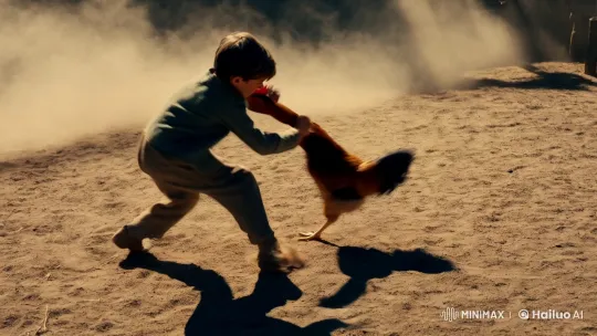 Boy and Chicken Engage in Swift, Intense Dusty Fight – AI Generated Video | Hailuo AI