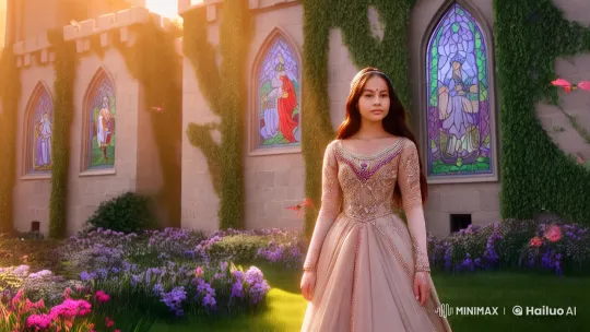 Princess in Golden Light Amidst Enchanted Castle Garden – AI Generated Video | Hailuo AI