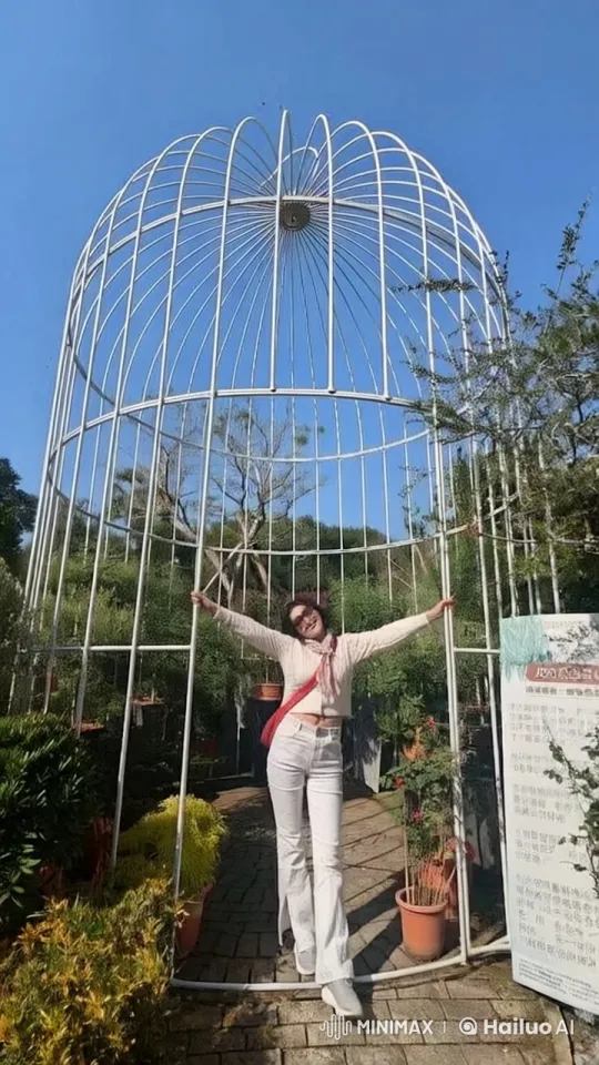 Young Woman in Birdcage Enjoys Garden Setting – AI Generated Video | Hailuo AI