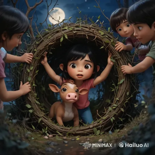 Baby Girl Emerges with Calf Under Moonlit Night Sky – AI Generated Video | Hailuo AI