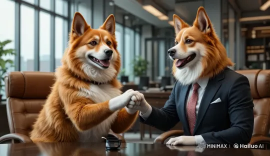 Ginger Chonker Dog Seals Business Deal in Plush Office – AI Generated Video | Hailuo AI