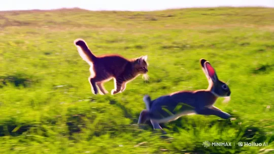 Kitten and Rabbit Frolic in Sunlit Meadow – AI Generated Video | Hailuo AI