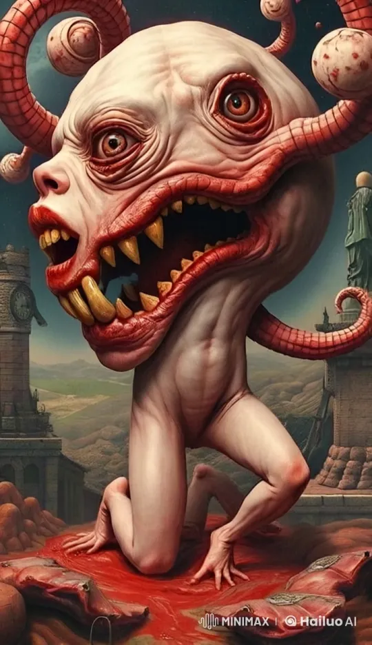 Grotesque Creature in Alien Landscape with Ancient Ruins – AI Generated Video | Hailuo AI