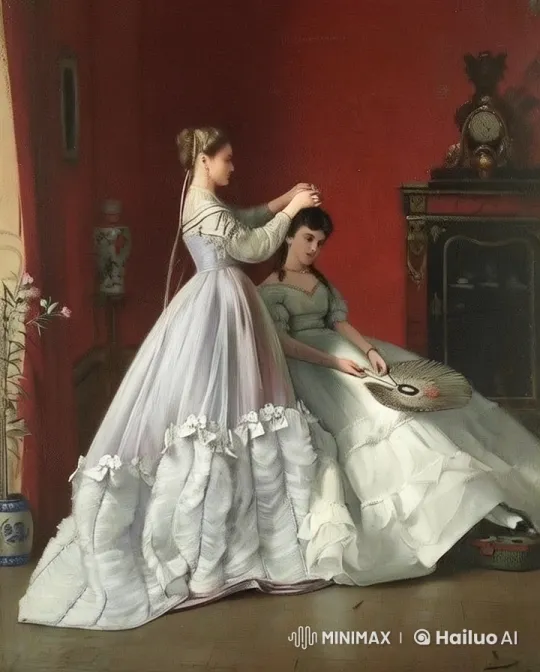 Live2D Video: Elegant Women in Period Gowns in Decorated Room – AI Generated Video | Hailuo AI