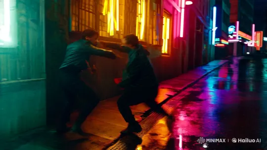 Dramatic Fight in Neon-Lit Alley: Aesthetic Showdown – AI Generated Video | Hailuo AI