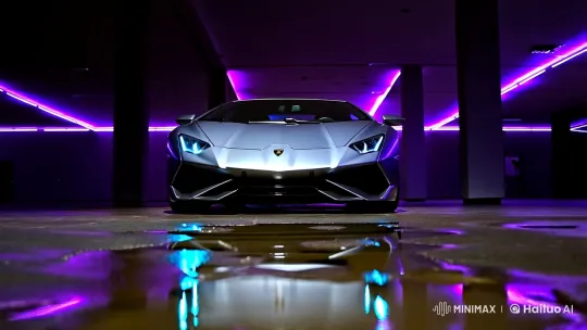 Lamborghini Reflects in Dark Hall with LED Mood Lighting – AI Generated Video | Hailuo AI