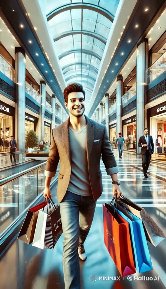 Energetic Man Joyfully Navigates Lively Modern Mall – AI Generated Video | Hailuo AI