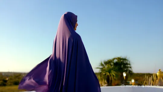 Woman in Chador and Intrusive Banner in Serene Setting – AI Generated Video | Hailuo AI