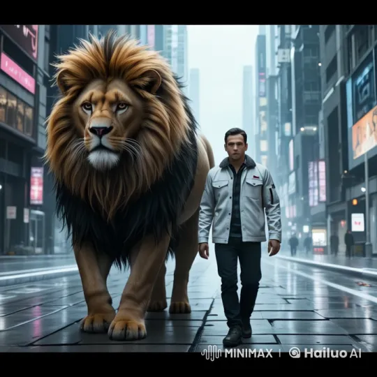 Majestic Lion and Man Walk Through Bustling City Street – AI Generated Video | Hailuo AI