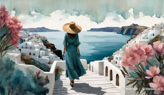 Solitary Woman on Balcony Overlooking Santorini – AI Generated Video | Hailuo AI