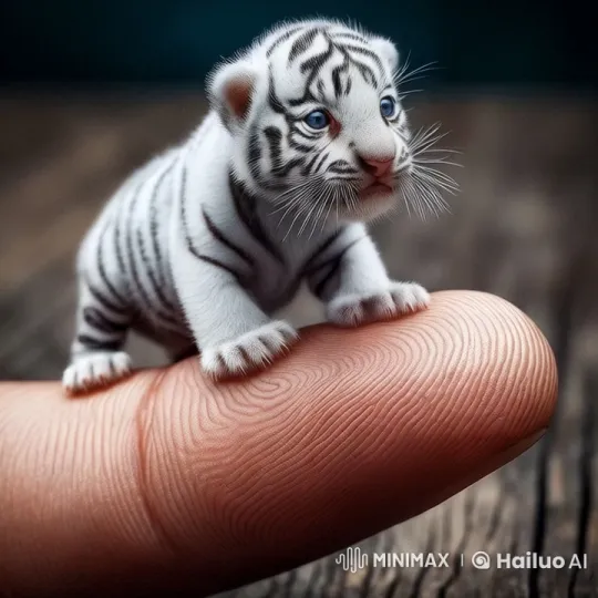 Close-Up of Tiny White Tiger on Human Finger – AI Generated Video | Hailuo AI