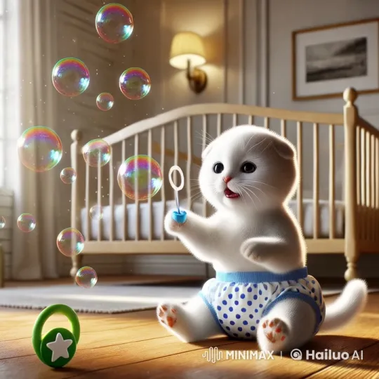 Adorable Kitten Blows Soap Bubbles in Cozy Room – AI Generated Video | Hailuo AI