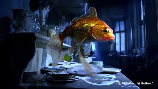 Eerie Goldfish Cleans in Haunted Kitchen – AI Generated Video | Hailuo AI