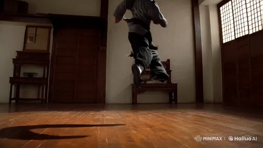 Martial Artist Performs Graceful Kung Fu Kick in Dojo – AI Generated Video | Hailuo AI