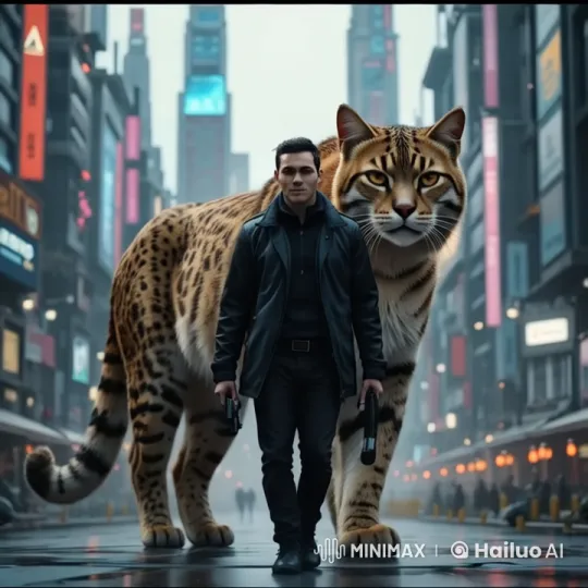 Futuristic City Street: Man and Majestic Feline Partner – AI Generated Video | Hailuo AI