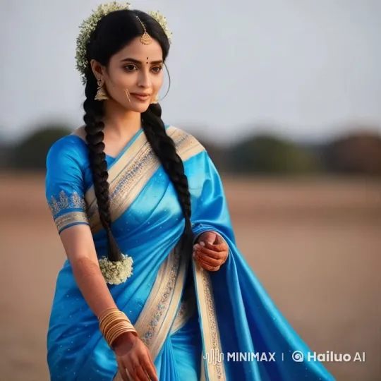 Elegant Woman in Blue Saree with Floral Hair Decorations – AI Generated Video | Hailuo AI