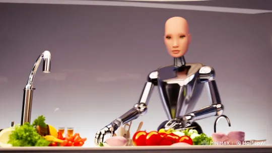 Future Kitchen: Android Chef's Artful Precision – AI Generated Video | Hailuo AI