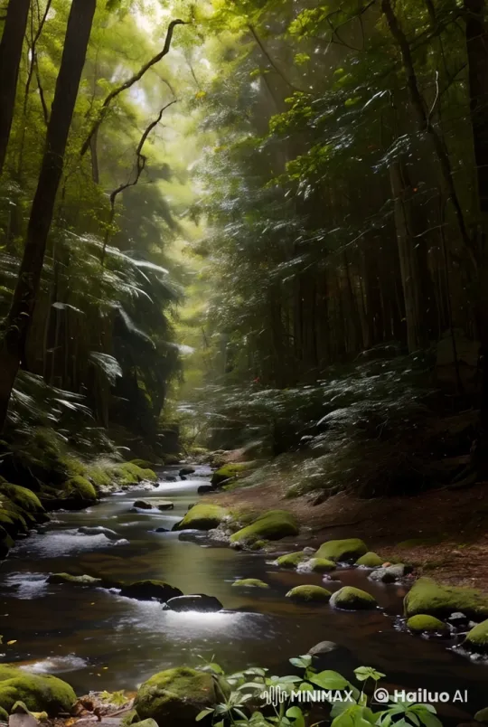 Tranquil Forest Stream Reflecting Sunlit Serenity – AI Generated Video | Hailuo AI
