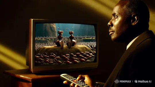 Man Watches Majestic Ant Kingdom on TV in Dimly Lit Room – AI Generated Video | Hailuo AI