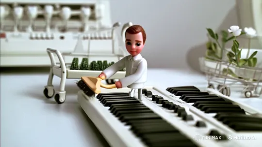 Miniature Worker's Delicate Keyboard Cleaning Ritual – AI Generated Video | Hailuo AI